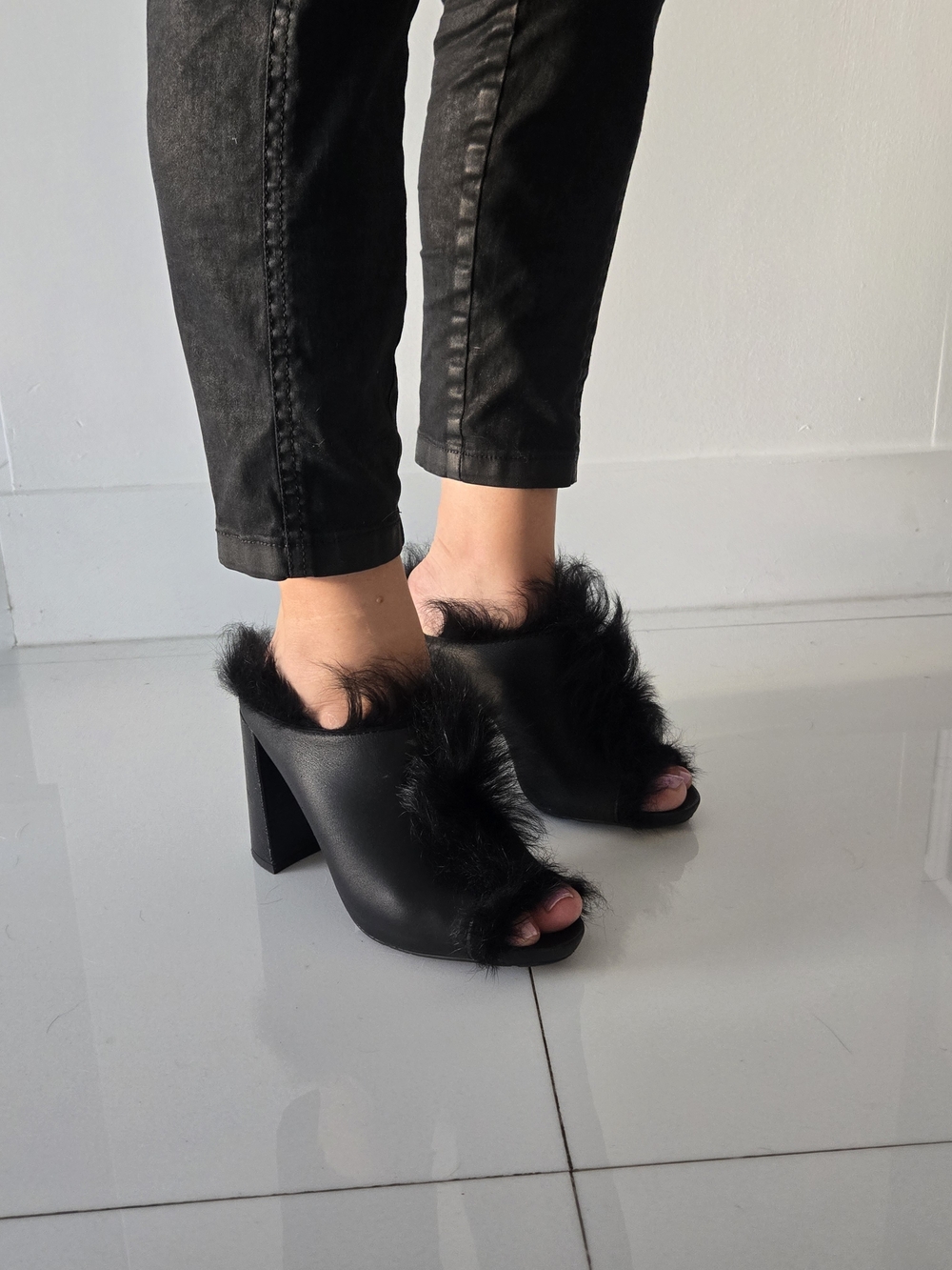 Pedro Garcia Yeruti Black Faux Fur Open-Toe Block Heel Mules